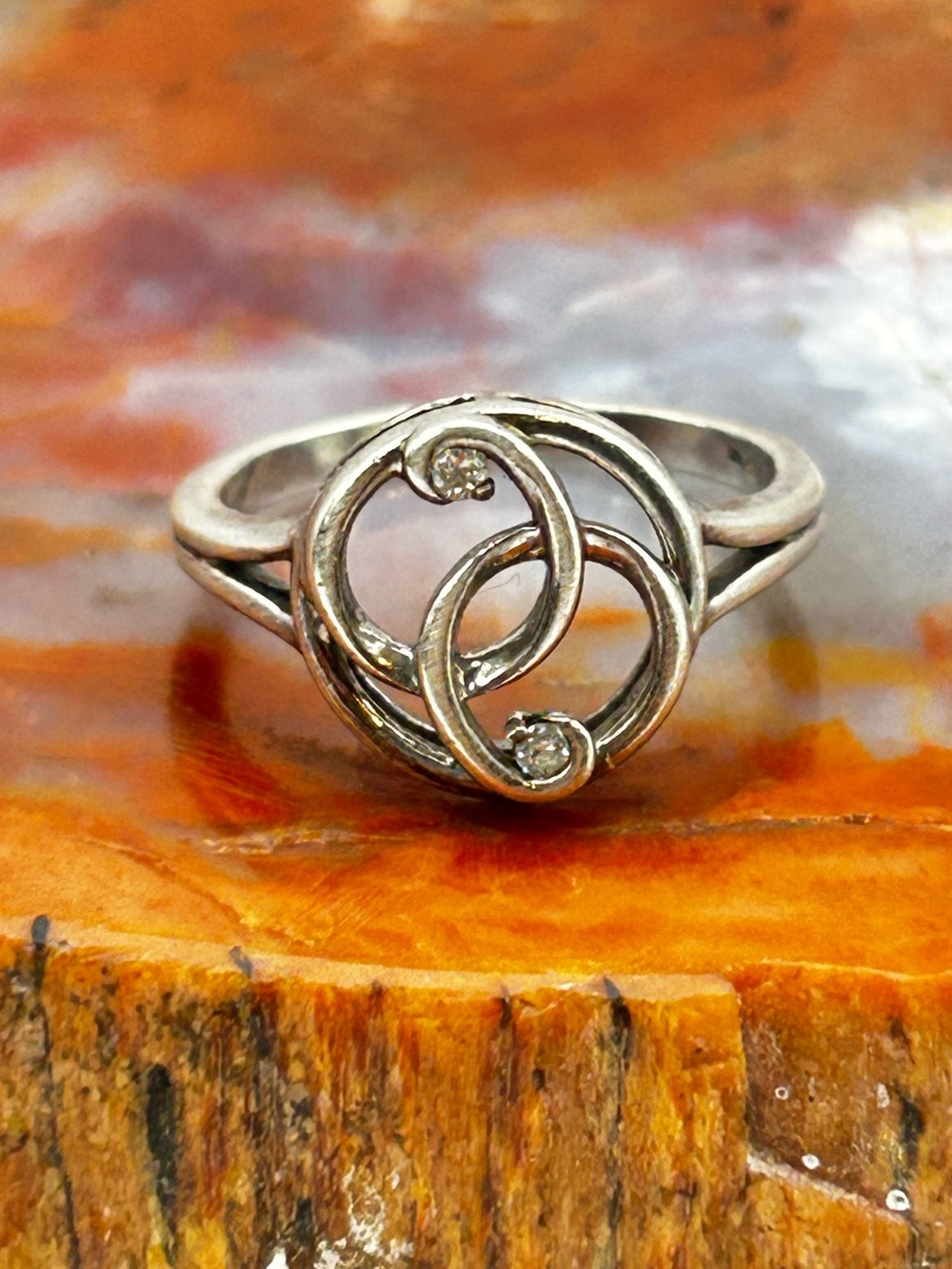 Abstract Sterling Silver Swirl Ring with CZ - Size 7.5